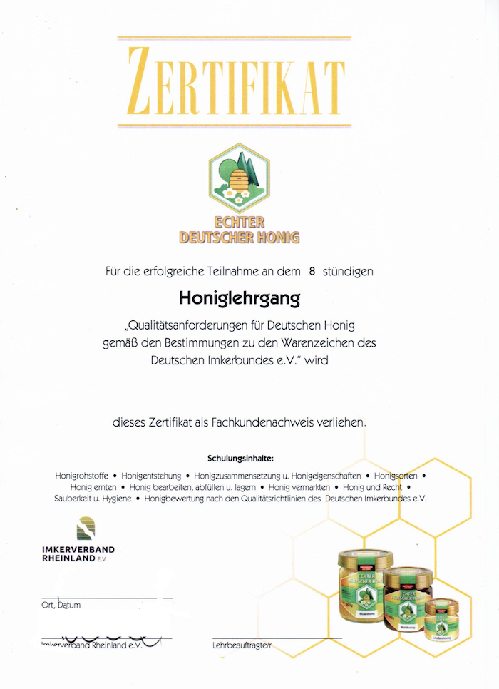 Zertifikat Fachkundenachweis Honig nach DIB (Muster)